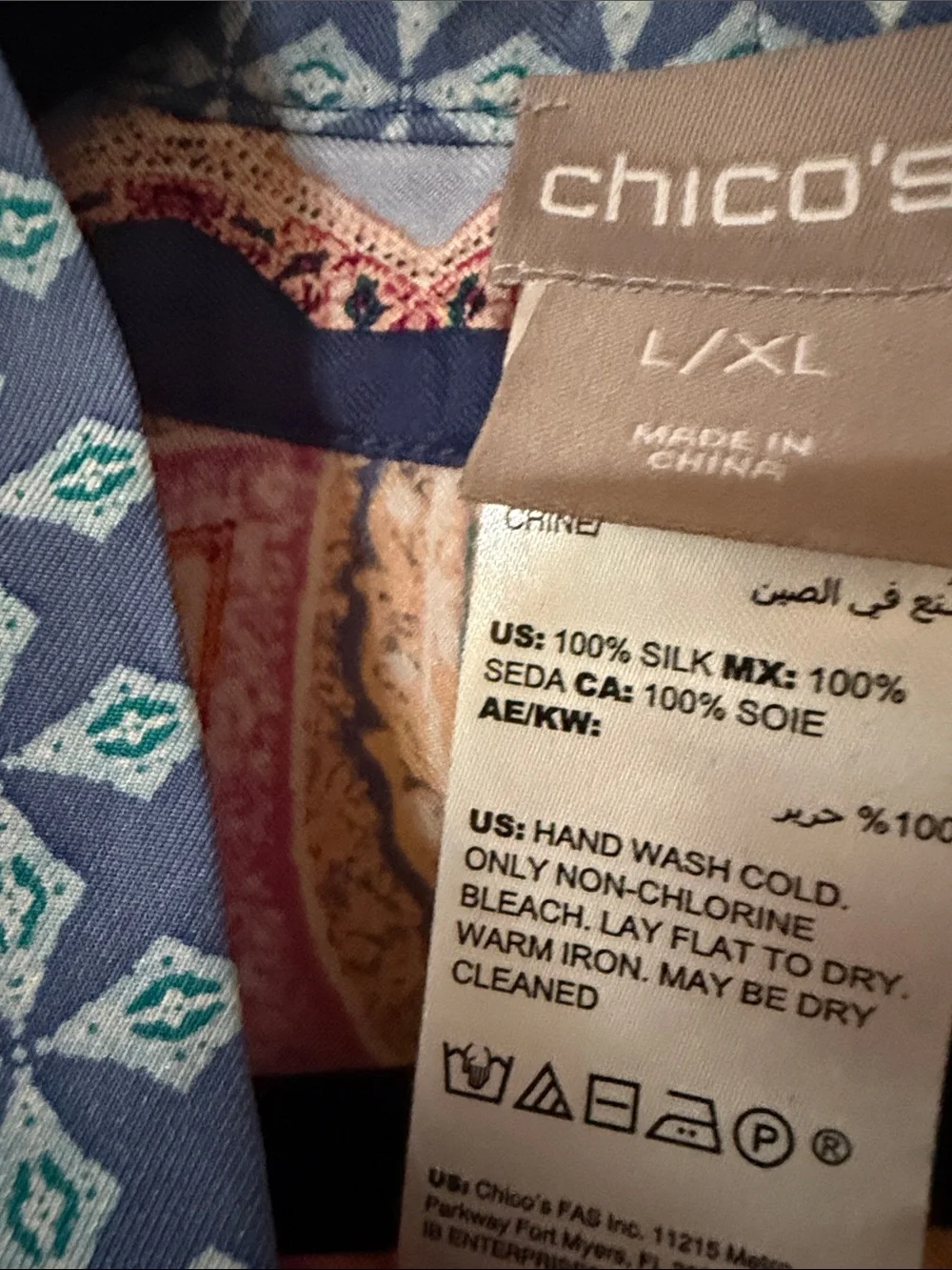 Chico's Paisley Print Lightweight Silk Wrap in Blue, Pink, Cream SZ L/XL